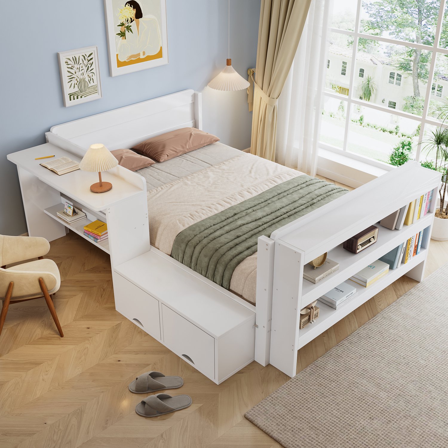 VVBV Eenpersoonsbed 120x200 – Bureau, Opbergruimte, Manden – Eenpersoonsbed met Opbergruimte – Hout – Wit
