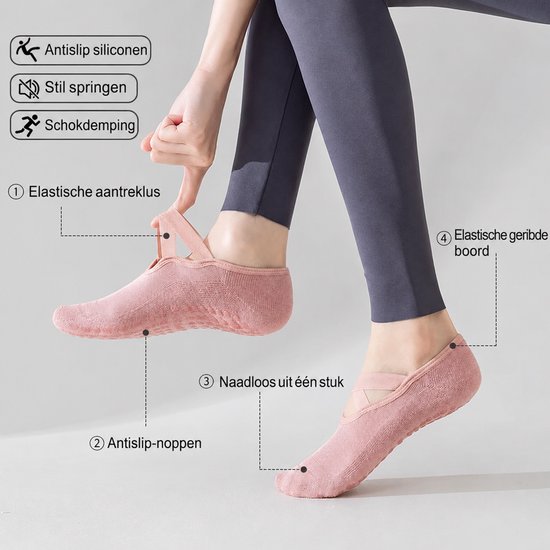 ECTEATOY® 3-Pack Pilates Sokken Antislip - Yogasokken Dames met Kruis Elastiek - voor Pilates, Barre & Balletsokken - Grijs, Paars&Roze — afbeelding 2