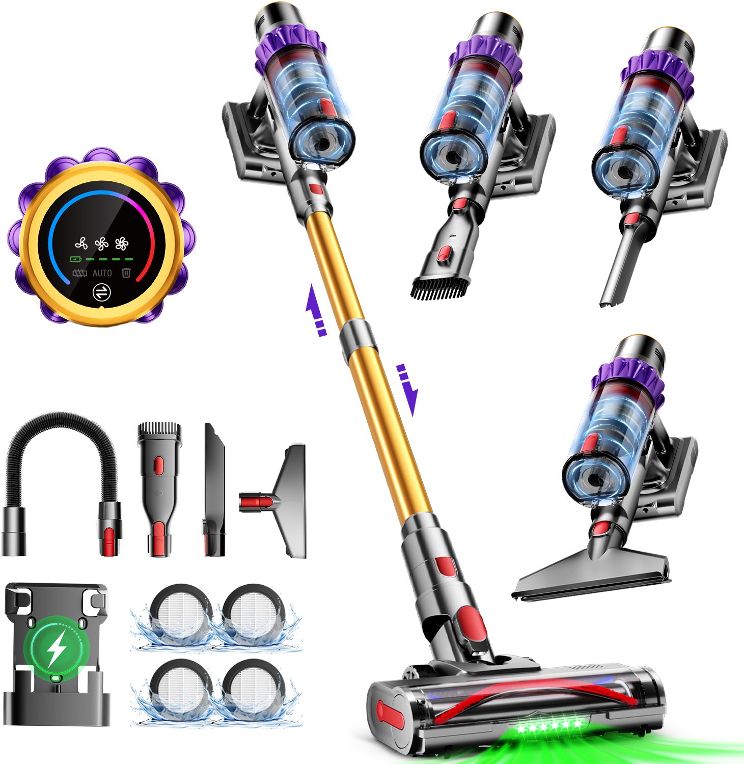 Hiaonyx steelstofzuiger - 9-in-1 steelstofzuiger draadloos - 75000pa - Met dierenborstel - LED Groene Stofdetectielamp - Geschikt voor Tapijten - Harde Vloeren en Dierenharen - 1.8-liter stofopvangbox - Goudkleurig Goudkleurig-Nieuw