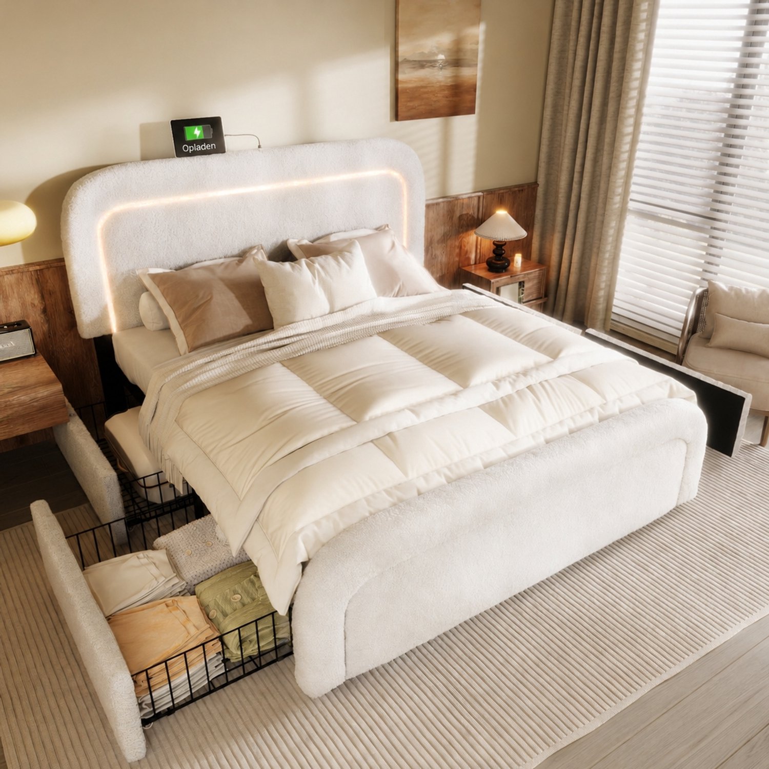 MUVANO Gestoffeerd bed 160x200 - bedframe met vier opberglades - USB-C en LED-verlichting - Sherpa bekleding - verstelbaar hoofdbord - wit