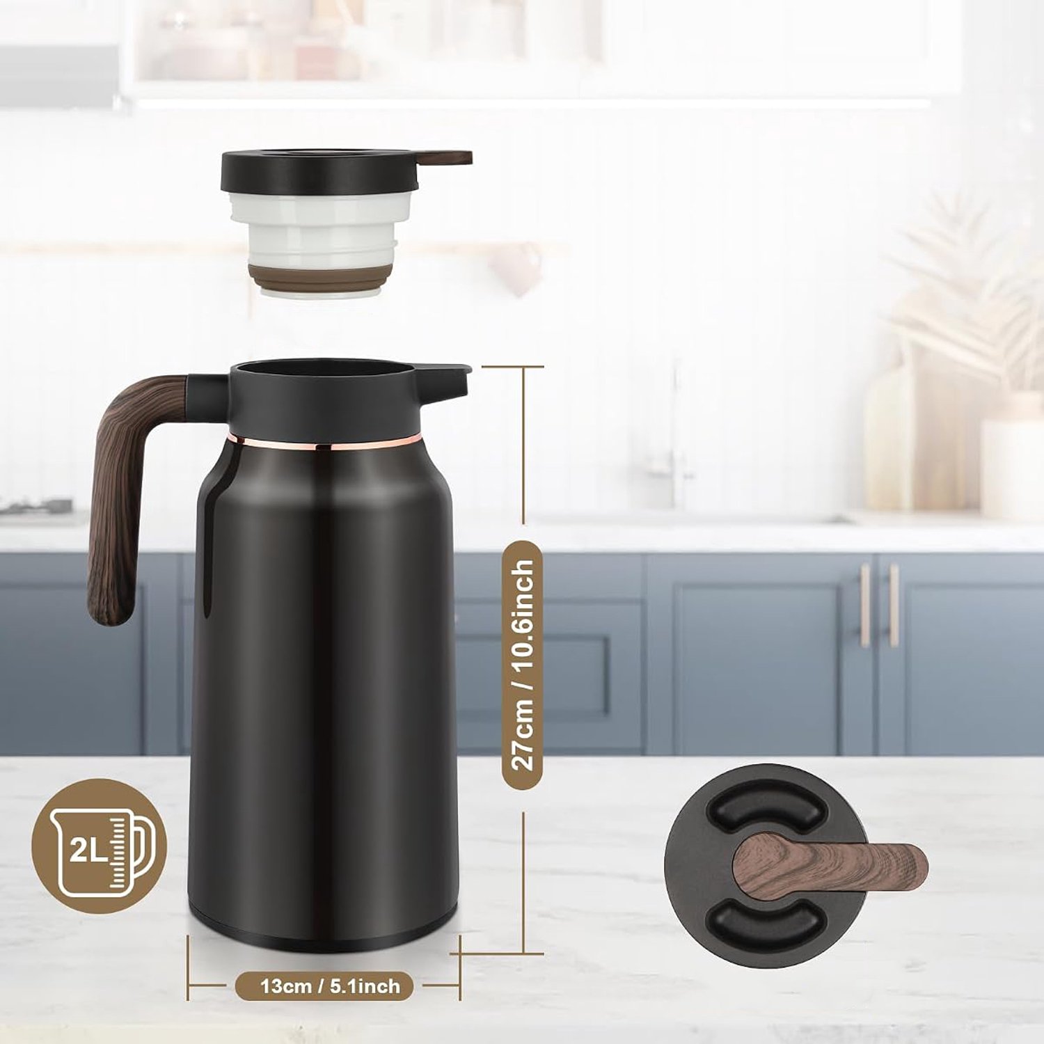 Thermoskan 2L - Dubbelwandige Isoleerkan - Vacuümfles - 304 RVS - Drukdop - Lekvrije Siliconen Afdichtingsring - Warm & Koud - BPA-vrij - Koffiekan & Theepot - Voor Thuis & Kantoor & Reis - Zwart – foto 2