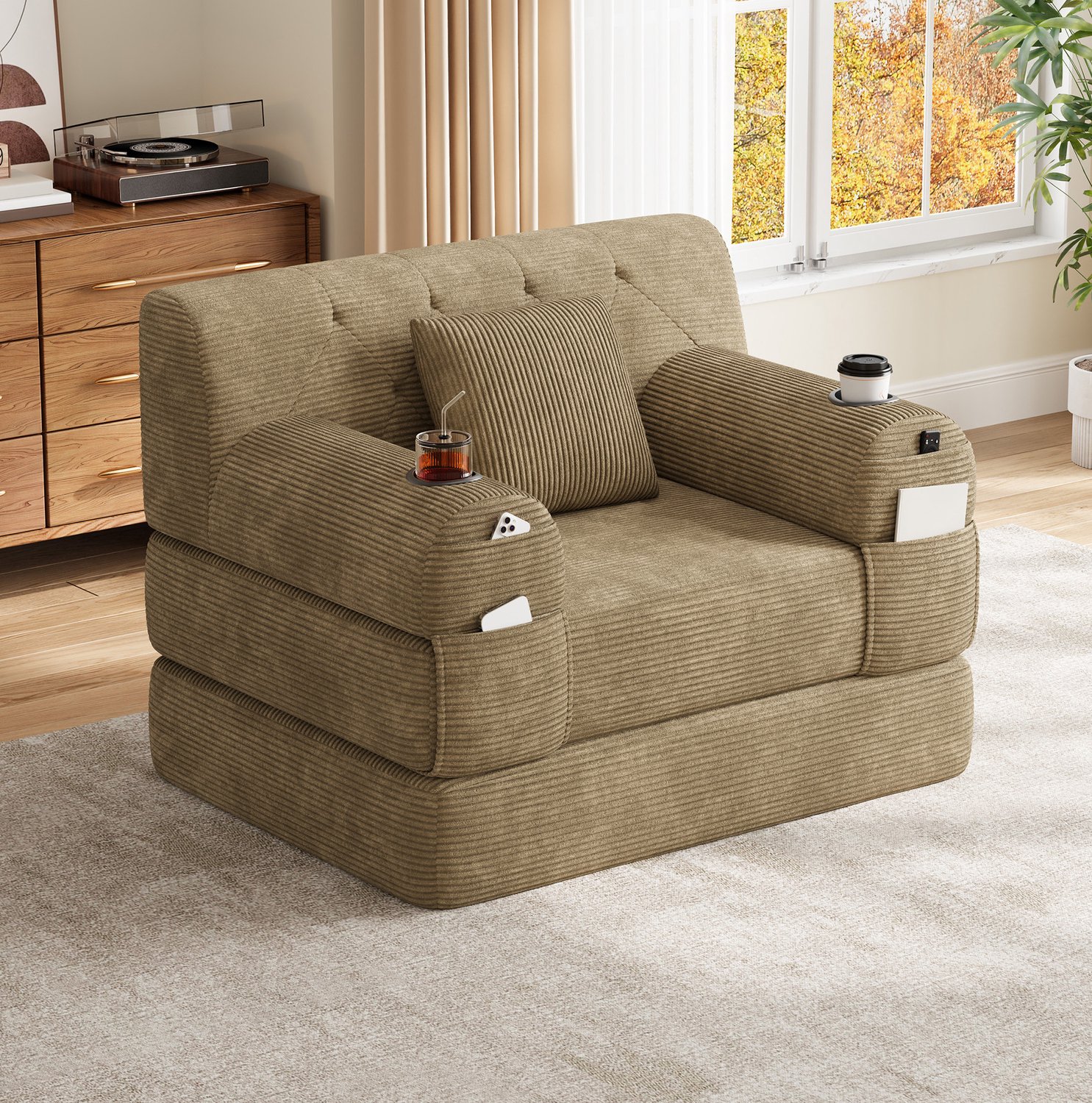 MODENUIT Slaapbank 107 x 80 x 81 cm - 1-Zits Met Bekerhouders En Zijvakken - Woonkamer - Cord - Khaki