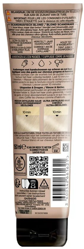 Achterzijde van een Garnier Olia Gloss haarmasker tube voor Scandinavisch blond haar met gebruiksinstructies en QR-code.