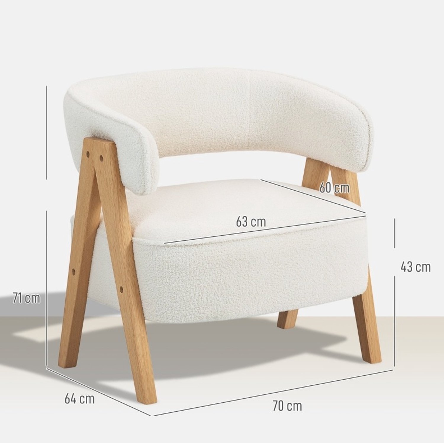 DESMIU Fauteuil 70 x 64 x 71 cm - Gestoffeerd met Gebogen Rugleuning en Armleuningen - Voor Woonkamer en Thuiswerkplek - Polyester - Wit