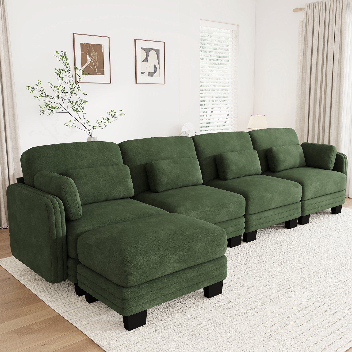 MODENUIT Hoekbank 330 x 143 x 88 cm - Modulaire 4-Zits met Voetenbank - Voor Woonkamer - Chenille - Groen