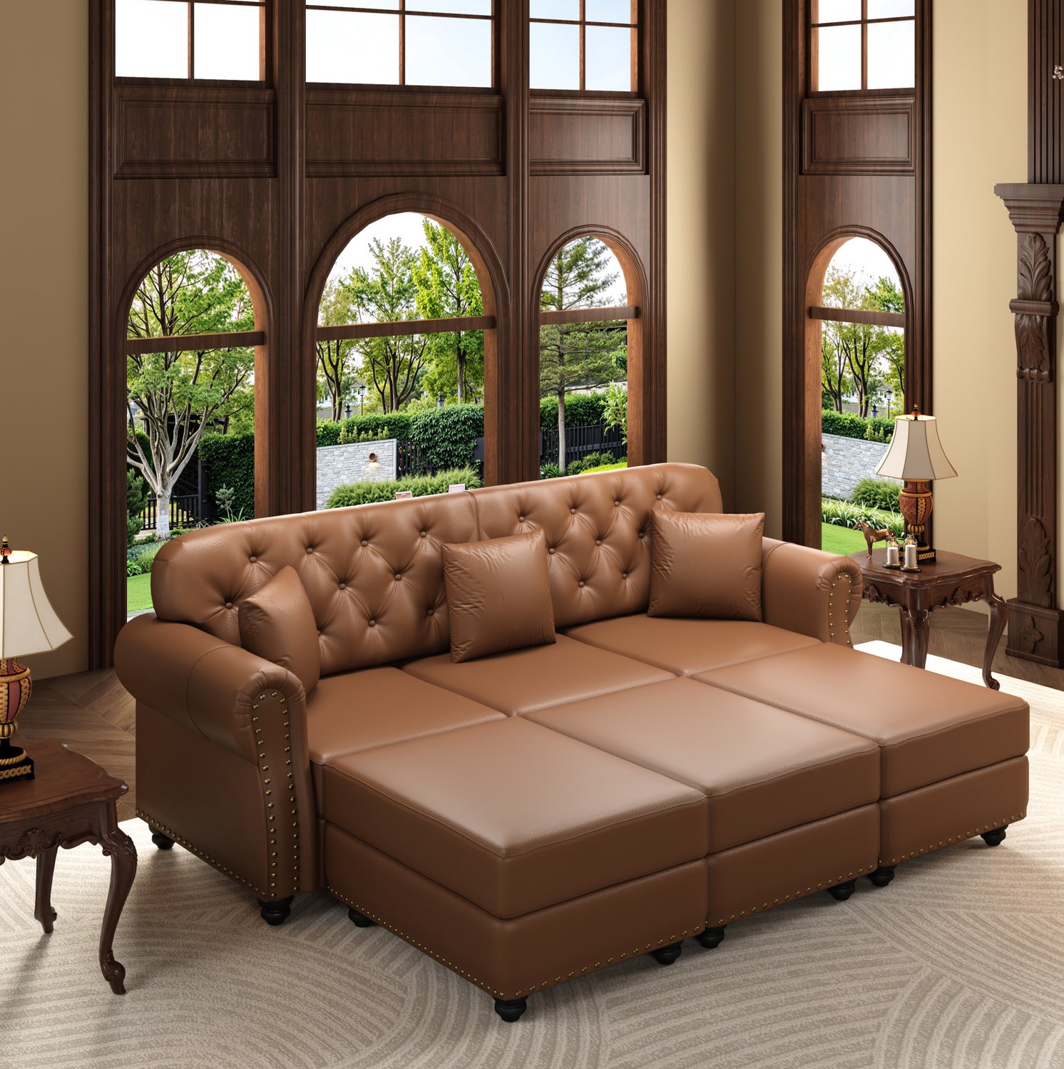 MIVRAY Chesterfield Bank 210 x 76 x 86 cm - Driezitsbank met Drie Voetenbankjes - Voor Woonkamer en Ontvangstruimte - Kunstleer - Bruin