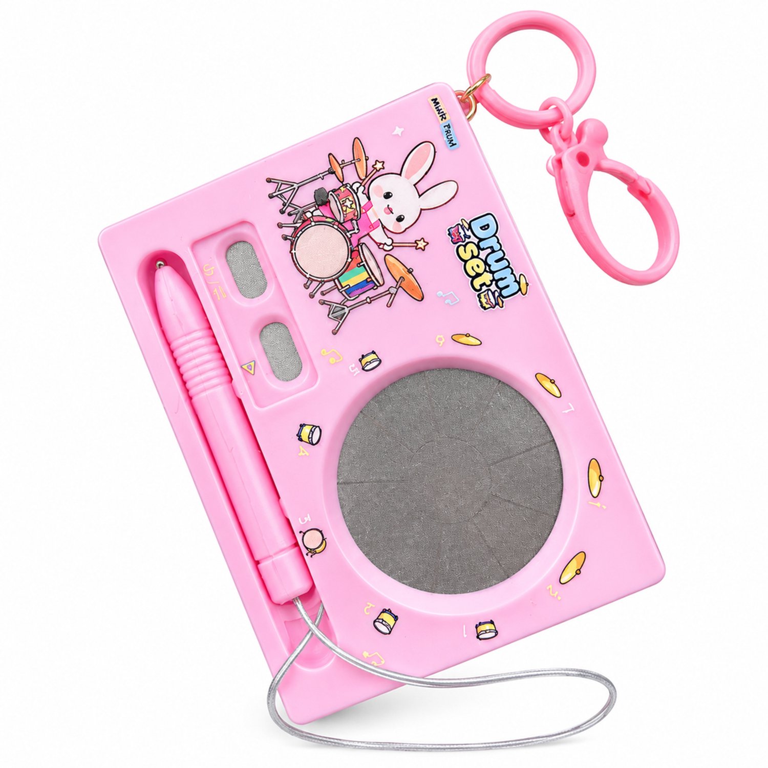 Sleutelhanger met elektronisch drumspeelgoed, roze konijntje, kunststof, met stylus aan koord, ring en clip, individueel verpakt