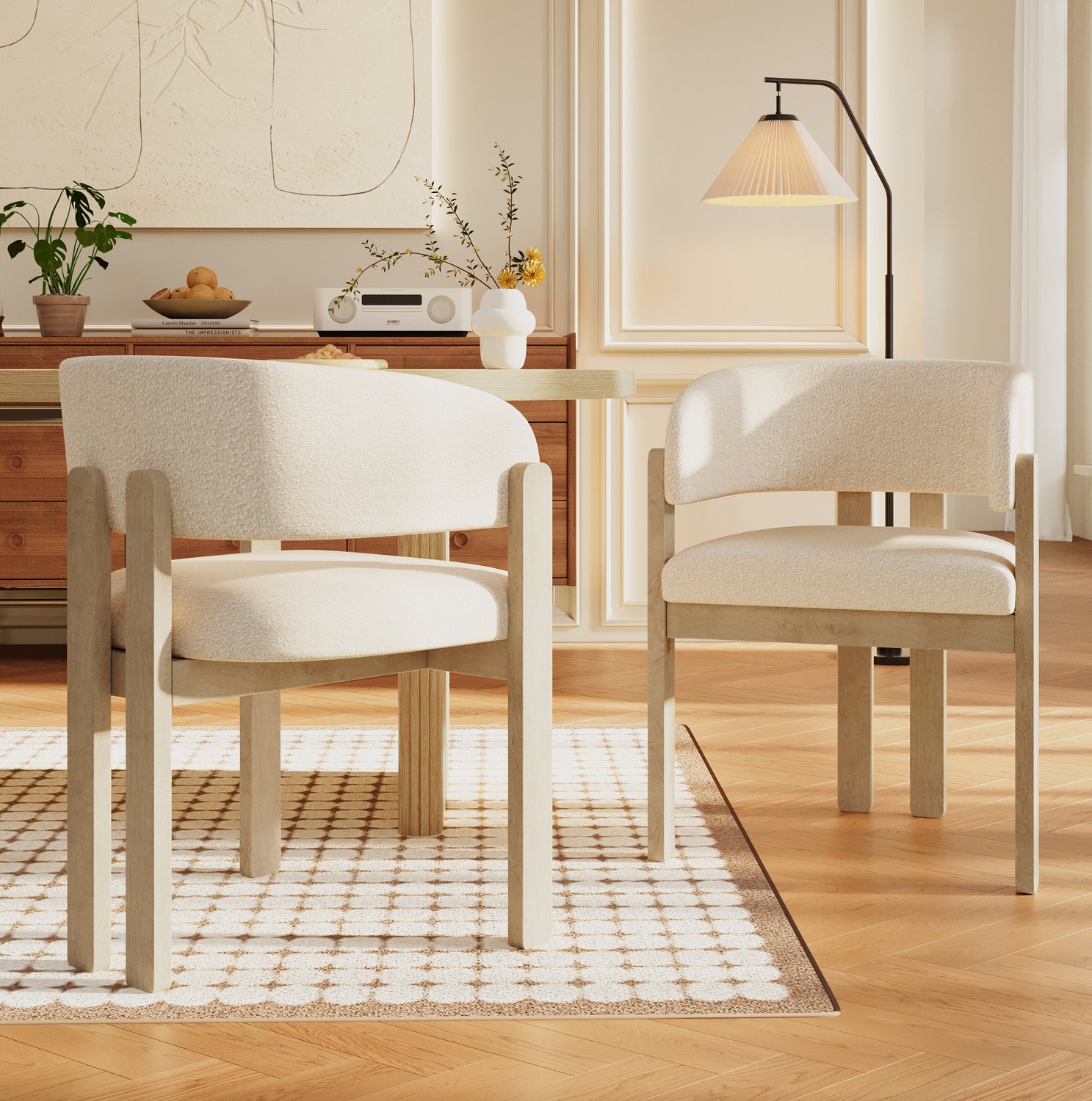 DESMIU Eetkamerstoelen 60 x 51 x 80 cm - Set van 2 met Armleuningen en Beklede Zitting - Voor Eetkamer en Woonkamer - Hout en Bouclé - Naturel Naturel en lichtbeige