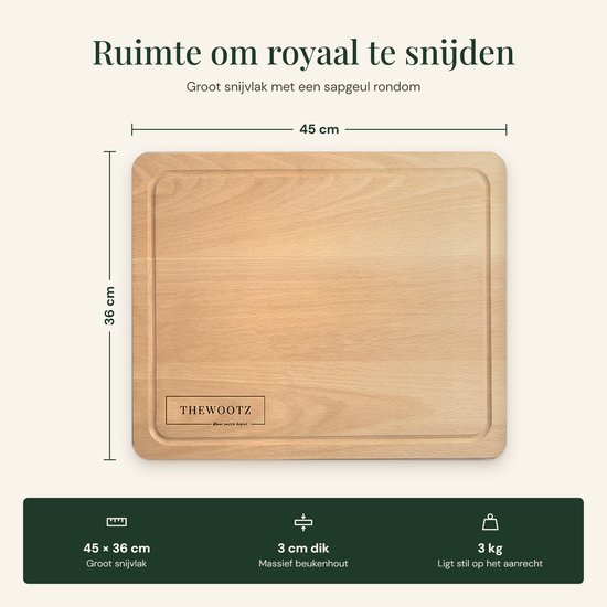 Houten snijplank van 45x36cm met sapgeul, merk Thewootz, dikte 3cm en gewicht 3kg.
