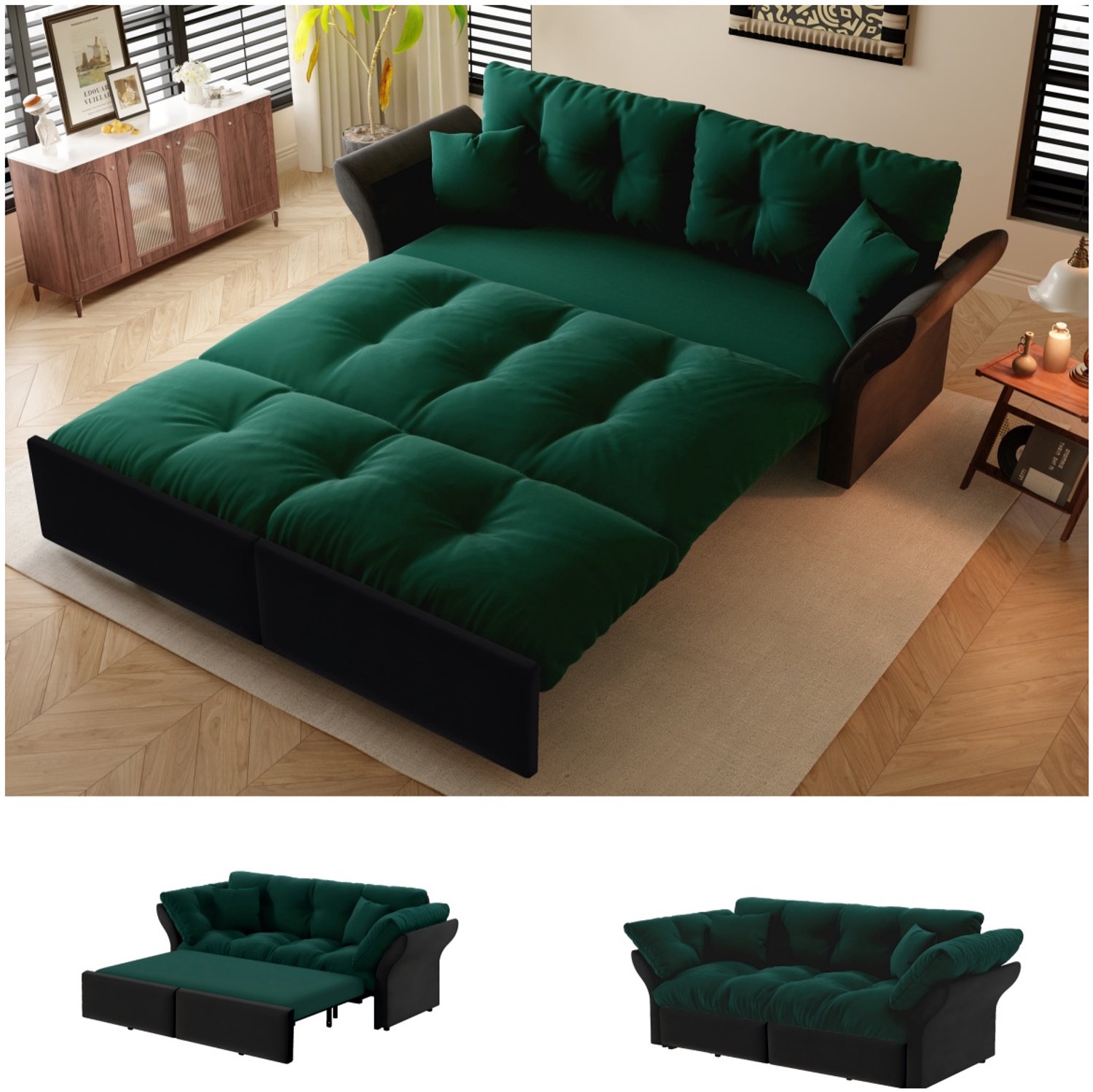 in& out door furniture Uitschuifbare slaapbank 3-in-1 met tufting en 2 kussens, fluweel, groen, 190 cm-Groen Groen+Zwart