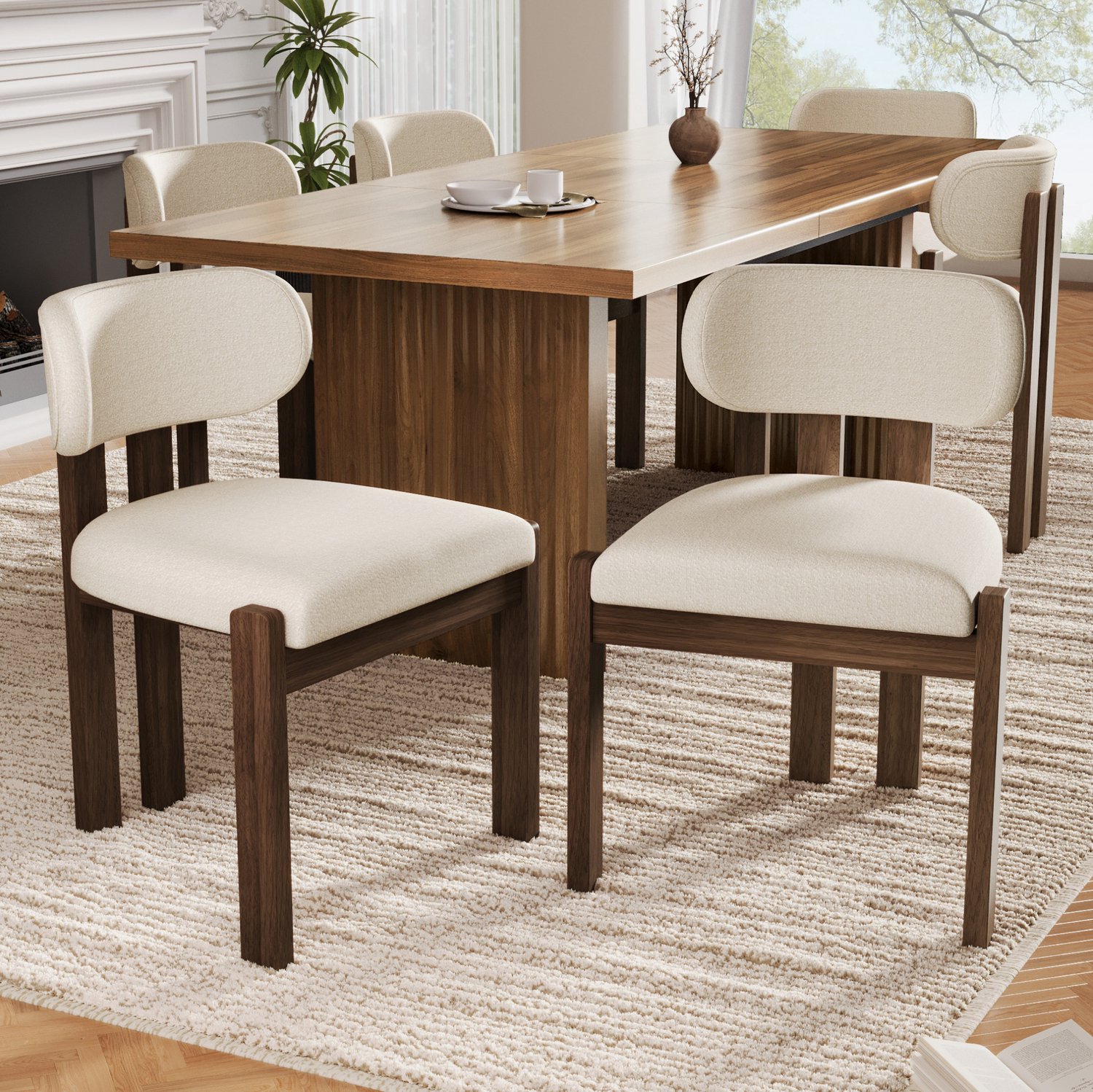 MODENUIT Eetkamerstoelen 54 x 54 x 79 cm - Set van 2 Bouclé Bekleding - Eetkamer - Hout - Walnootkleurig Walnootkleurig hout met beige bekleding