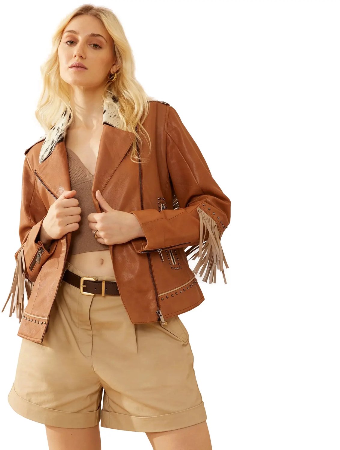 Vrouwen leren jas Myra Bag Phoenix Fringed Geel