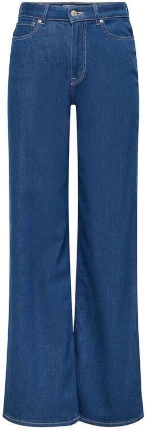 Voorzijde van donkerblauwe ONLY jeans met wijde pijpen, hoge taille en knoop- en ritssluiting.