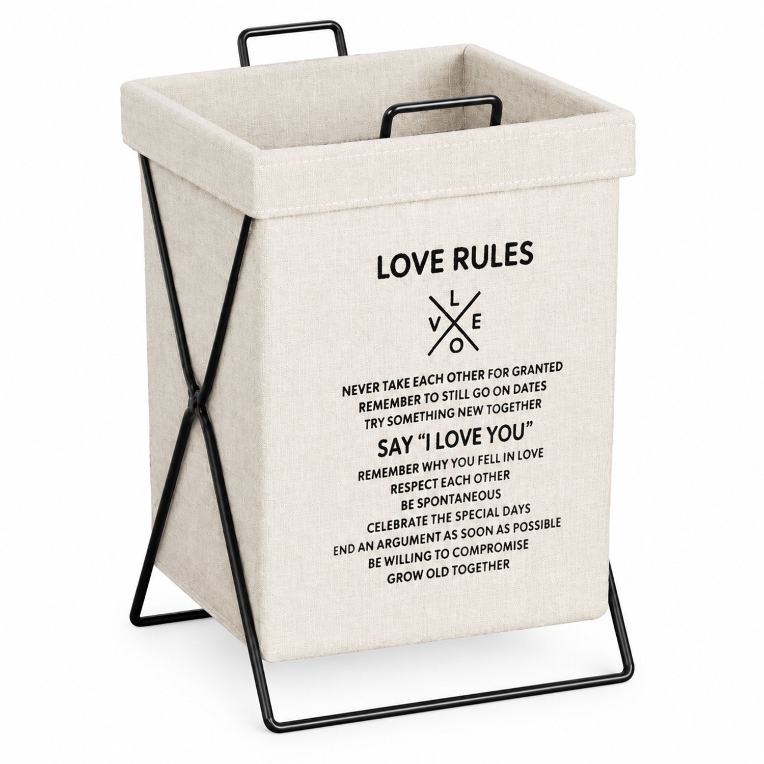 Grote opvouwbare wasmand van katoen en linnen, zwart frame met handgrepen, zonder deksel, LOVE RULES-print, 35 x 23 x 54 cm