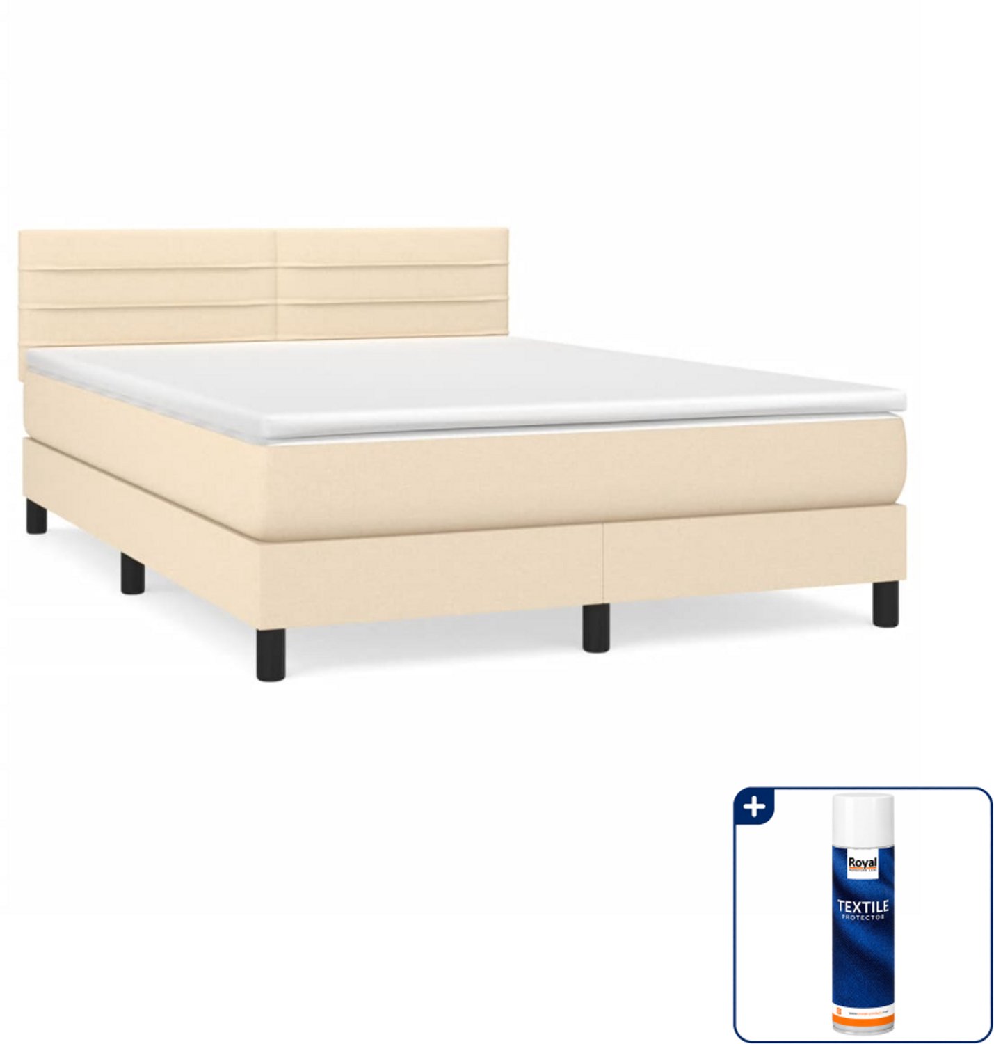 vidaXL boxspring met matras - 140 x 190 cm - stof - crèmekleurig - Inclusief textielbeschermer 500 ml