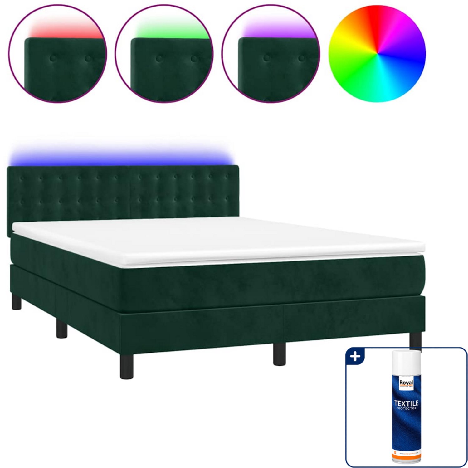 vidaXL boxspring met matras en led - 140 x 190 cm - fluweel - donkergroen - Inclusief textielbeschermer 500 ml