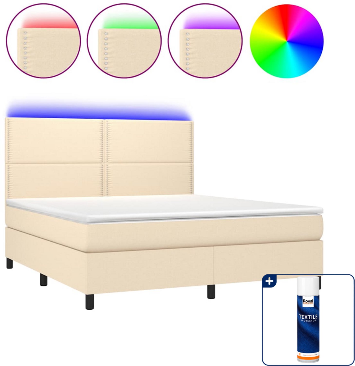 vidaXL Boxspring Kingsize 180x200 cm met matras en LED - crèmekleurig - Inclusief textielbeschermer 500 ml