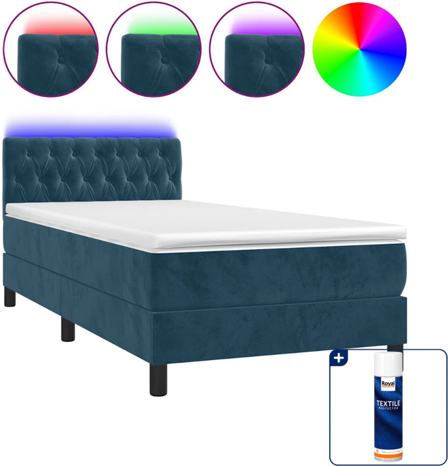 vidaXL boxspring met matras en LED - 90 x 200 cm - fluweel - donkerblauw - Inclusief textielbeschermer 500 ml