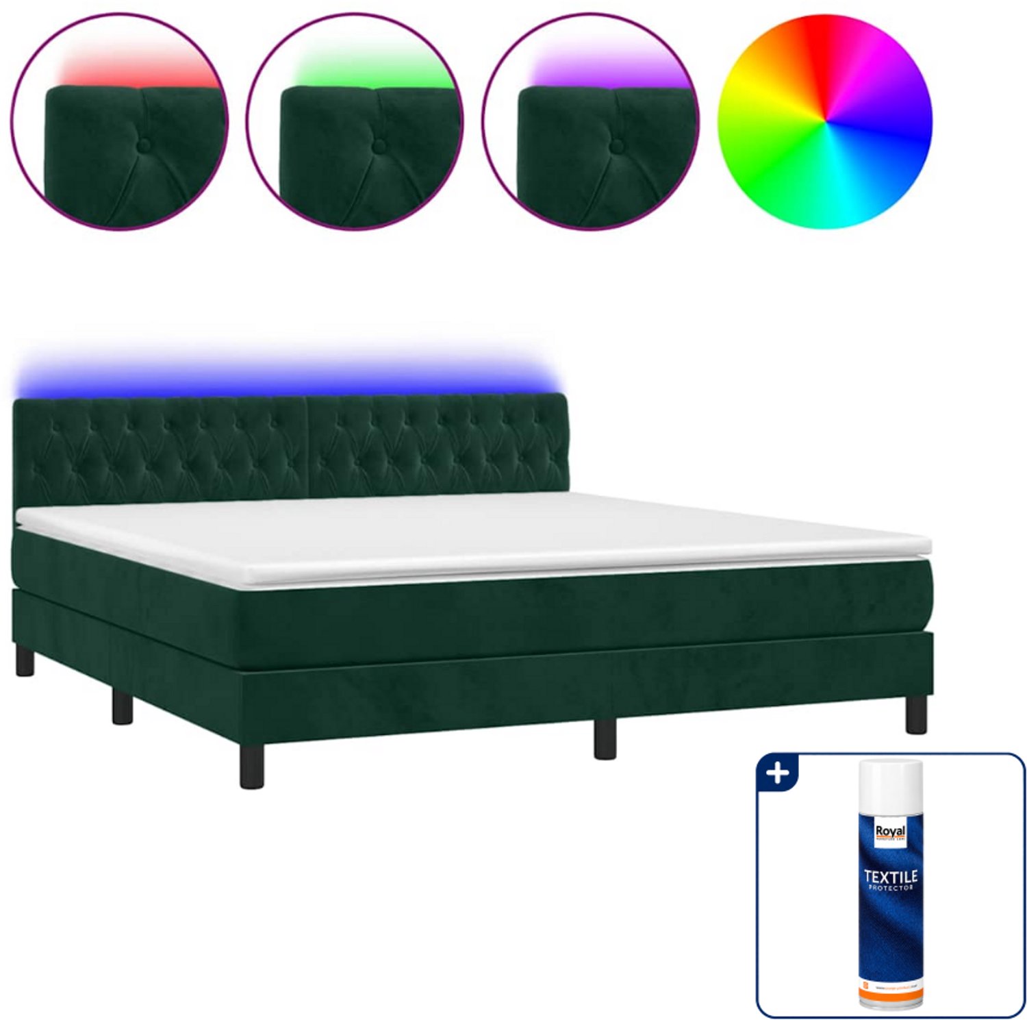 vidaXL Kingsize boxspring met matras en LED - 180 x 200 cm - fluweel - Inclusief textielbeschermer 500 ml Groen