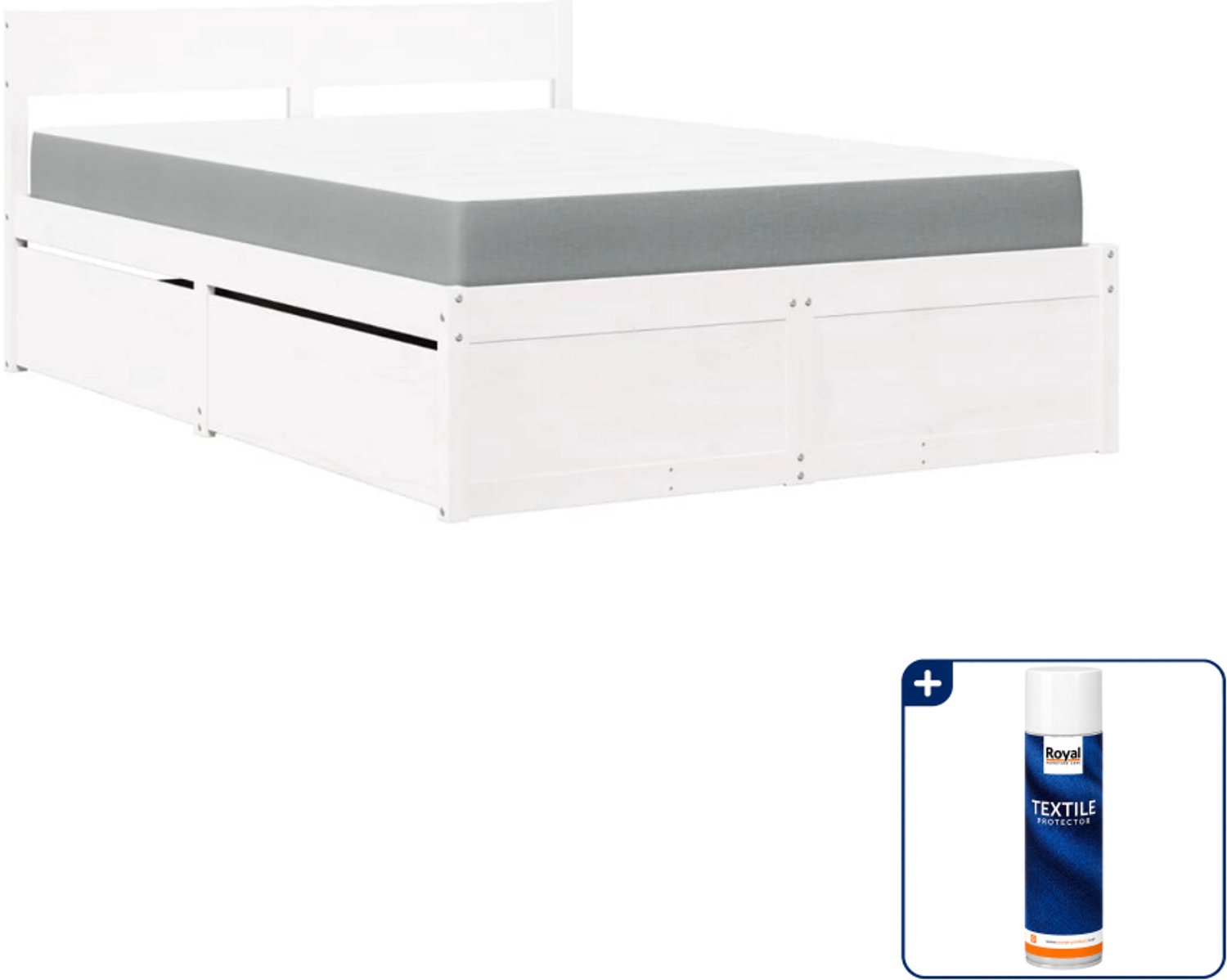 vidaXL bed met lades en matras - 140 x 190 cm - massief grenen - wit - Inclusief textielbeschermer 500 ml Bruin
