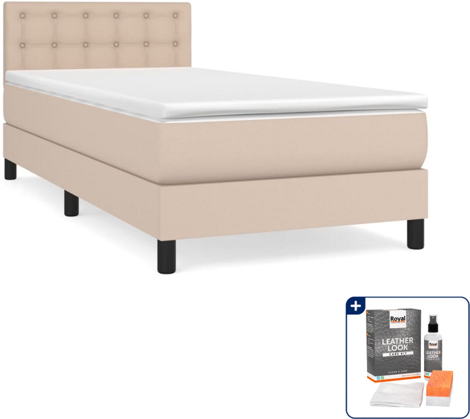 vidaXL boxspring met matras 100 x 200 cm - kunstleer - cappuccino - Inclusief onderhoudsset voor kunstleer 150 ml Bruin