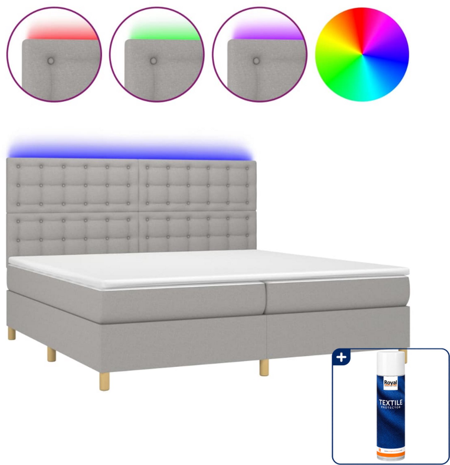 vidaXL boxspring met matras en LED - 200 x 200 cm - lichtgrijs - Inclusief textielbeschermer 500 ml