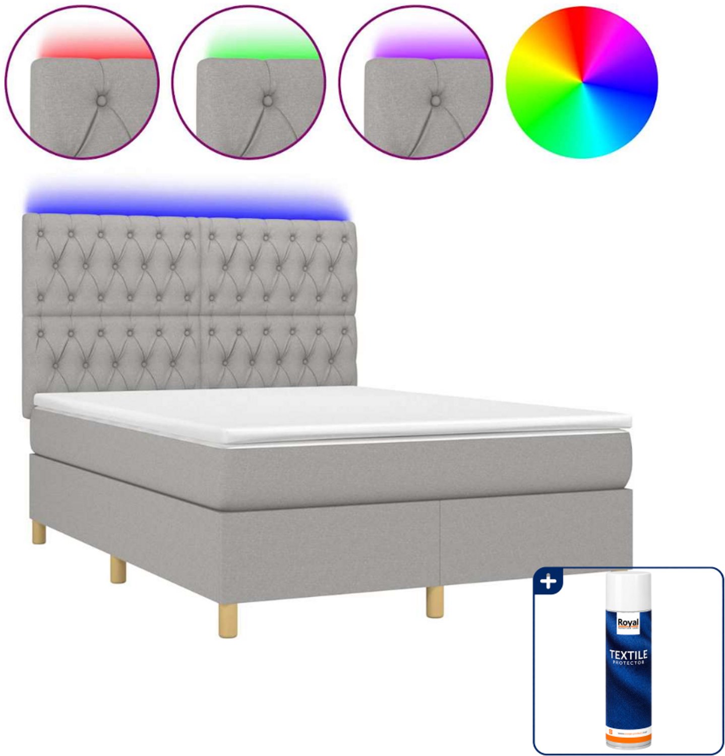 vidaXL boxspring met matras en LED - 140 x 190 cm - lichtgrijs - Inclusief textielbeschermer 500 ml