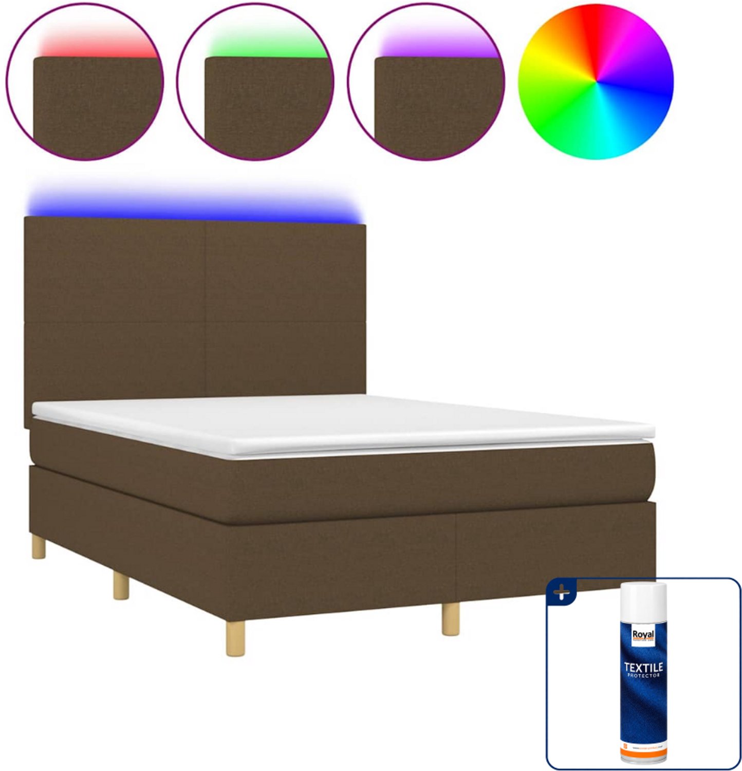 vidaXL boxspring met matras en LED - 140 x 190 cm - donkerbruin - Inclusief textielbeschermer 500 ml