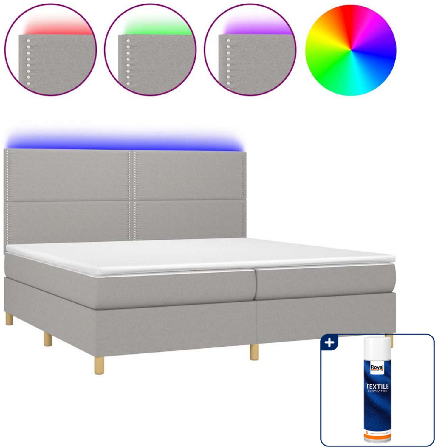 vidaXL boxspring met matras en led - Super kingsize - 200x200 cm - lichtgrijs - Inclusief textielbeschermer 500 ml
