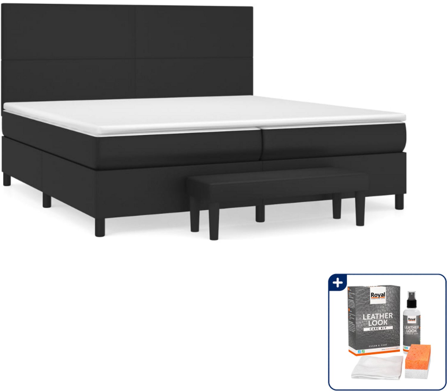 vidaXL Boxspring Super kingsize - 200 x 200 cm - kunstleer - zwart - Inclusief onderhoudsset voor kunstleer 150 ml
