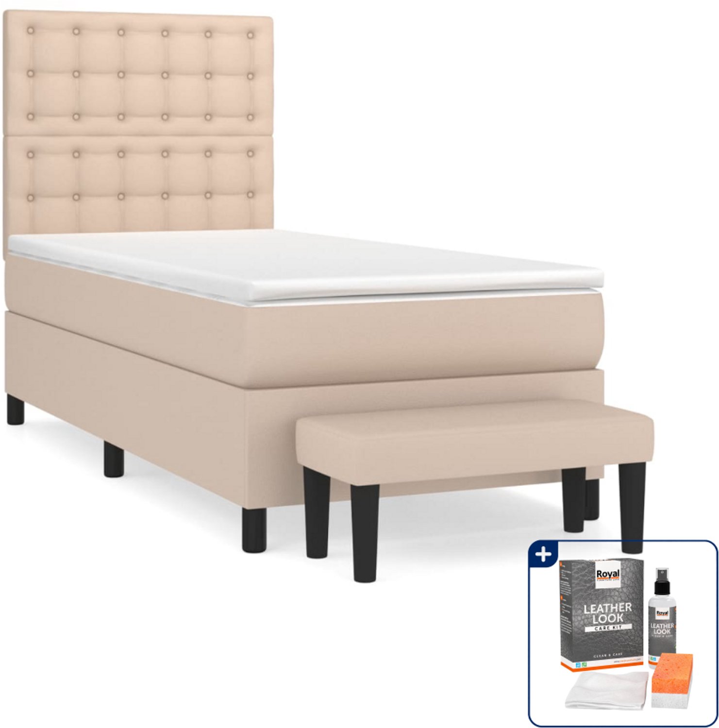 vidaXL boxspring met matras en bankje - 90 x 200 cm - kunstleer - Inclusief onderhoudsset voor kunstleer 150 ml Bruin