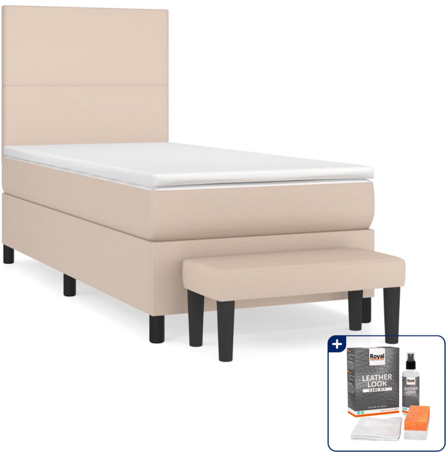 vidaXL boxspring met matras en bankje - 100 x 200 cm - cappuccino - Inclusief onderhoudsset voor kunstleer 150 ml Bruin