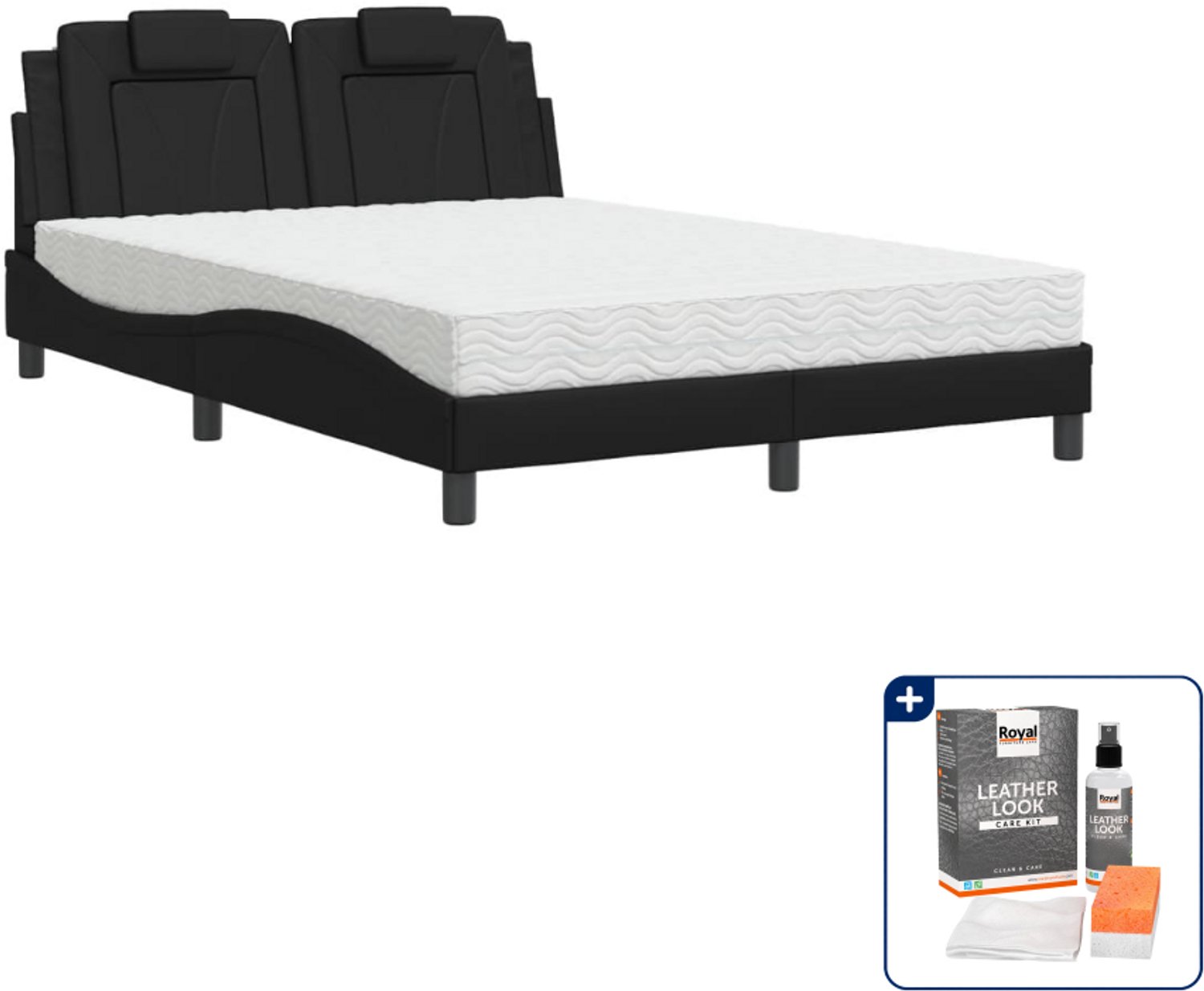 vidaXL Viana bed met matras - 140 x 190 cm - kunstleer - zwart - Inclusief onderhoudsset voor kunstleer 150 ml Grijs