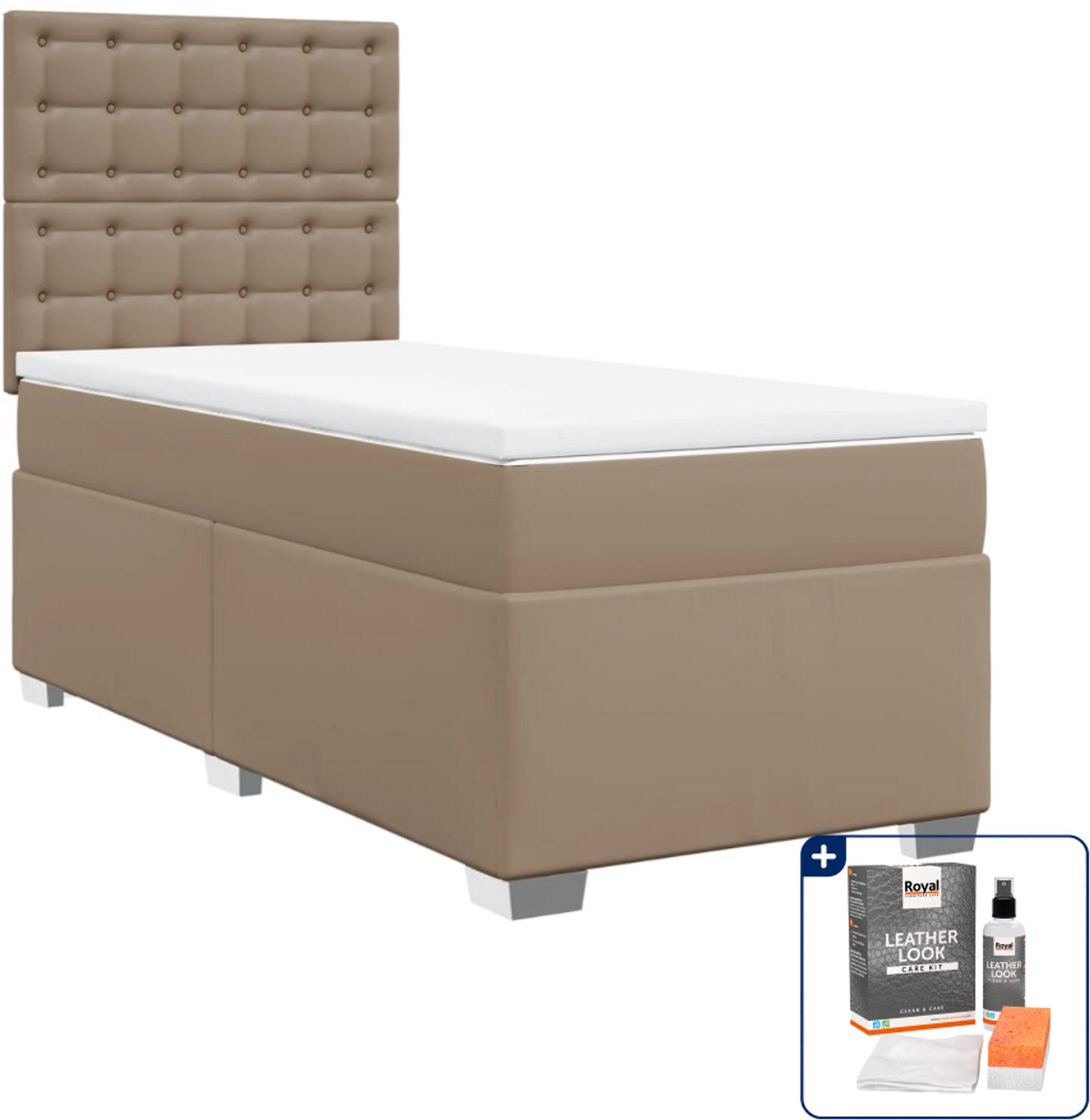 vidaXL boxspring met matras - 90 x 200 cm - kunstleer - cappuccino - Inclusief onderhoudsset voor kunstleer 150 ml Bruin