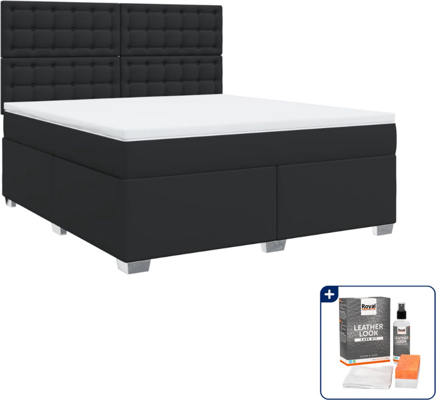 vidaXL Kingsize boxspring met matras - 180 x 200 cm - zwart - Inclusief onderhoudsset voor kunstleer 150 ml