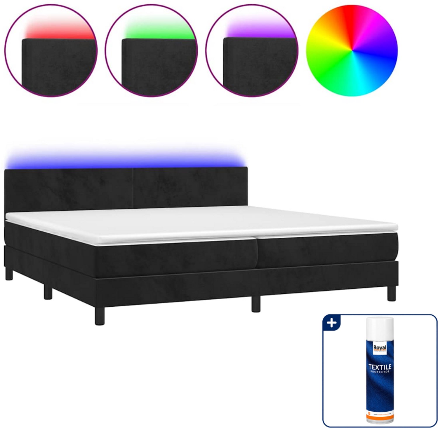 vidaXL Boxspring met matras en LED - 200 x 200 cm - fluweel - zwart - Inclusief textielbeschermer 500 ml