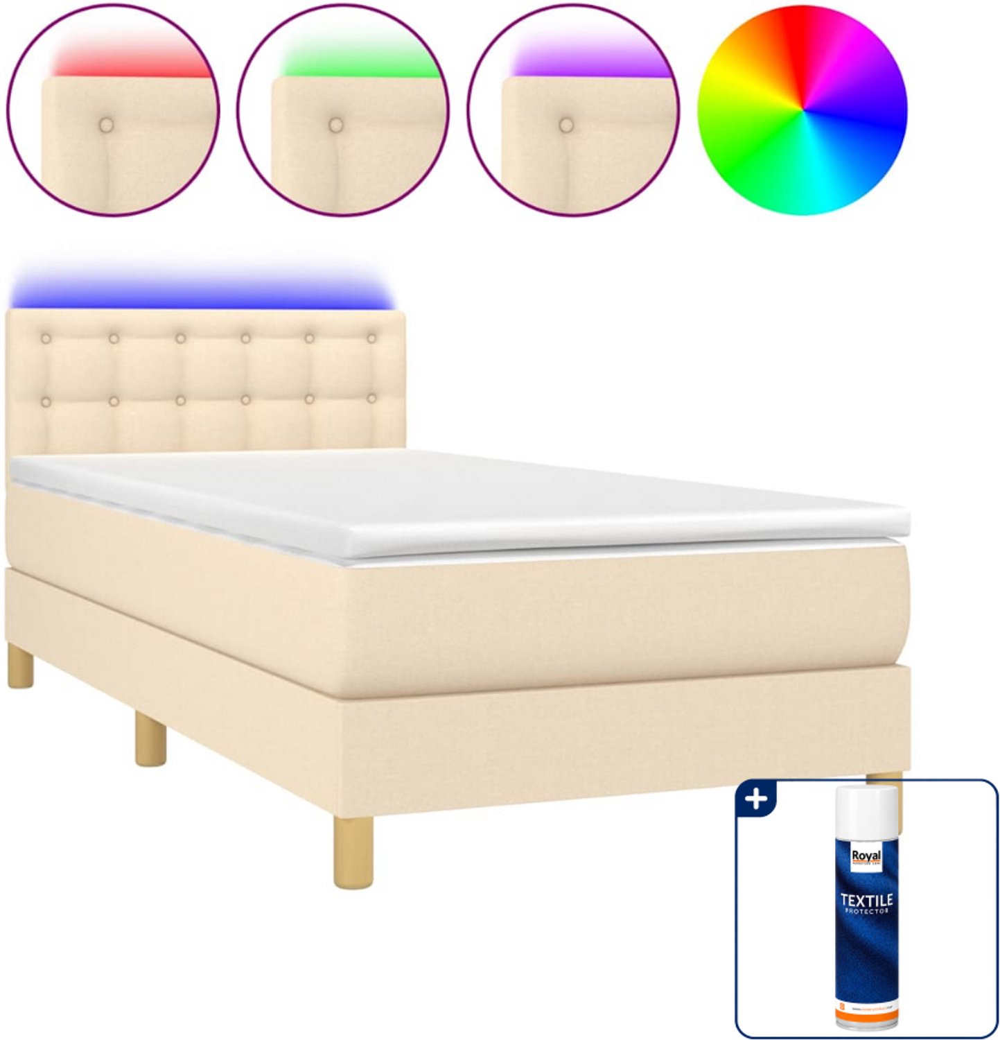 vidaXL Boxspring met matras en LED - 90 x 190 cm - crèmekleurig - Inclusief textielbeschermer 500 ml