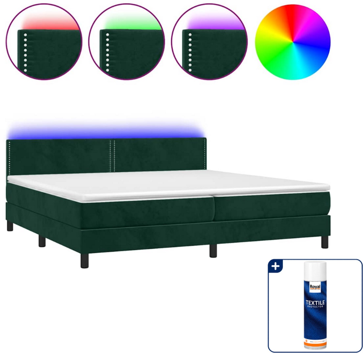 vidaXL boxspring met matras en led - 200 x 200 cm - fluweel - donkergroen - Inclusief textielbeschermer 500 ml