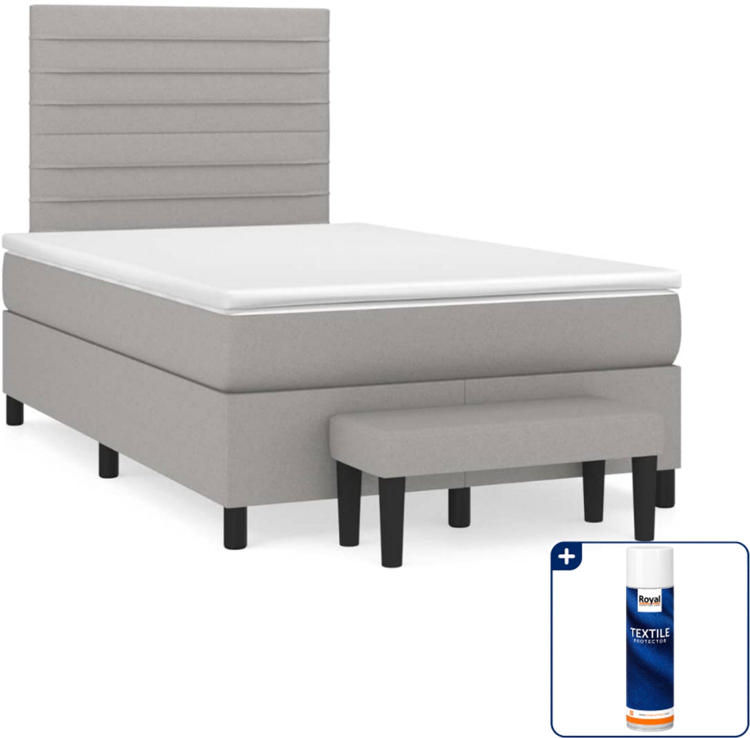 vidaXL boxspring met matras en bankje - 120 x 200 cm - lichtgrijs - Inclusief textielbeschermer 500 ml