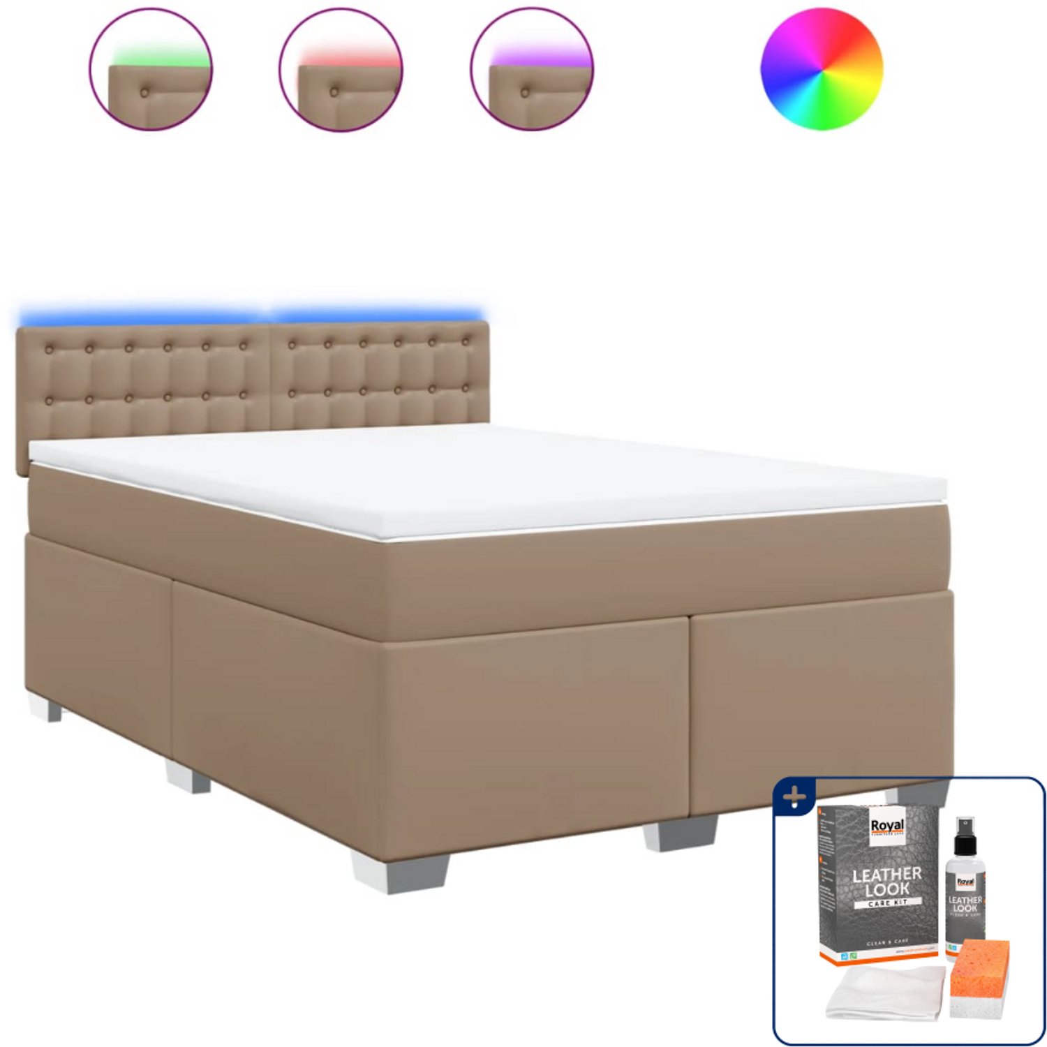 vidaXL boxspring met matras - 140 x 190 cm - kunstleer - cappuccino - Inclusief onderhoudsset voor kunstleer 150 ml Bruin