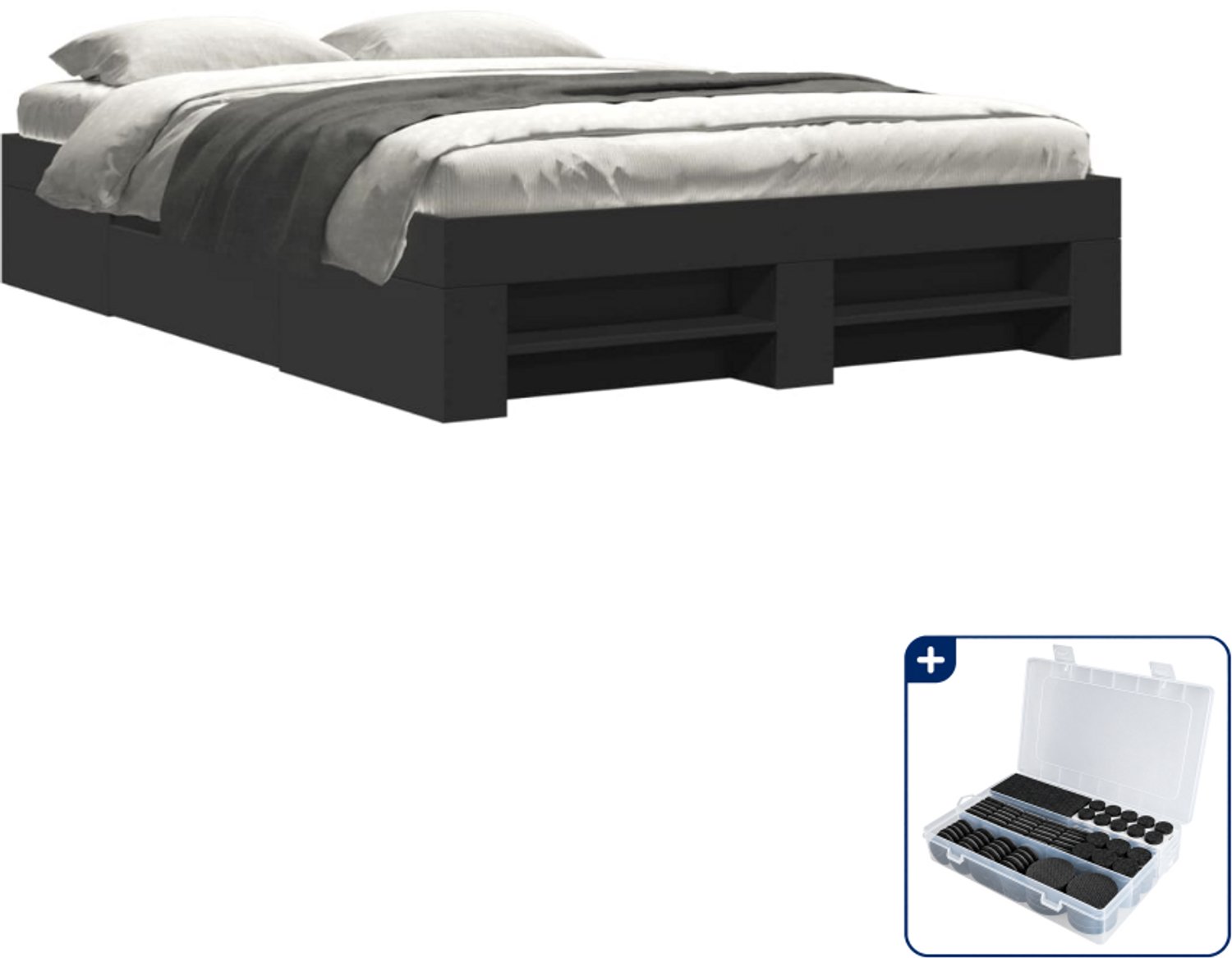 vidaXL bedframe - 135 x 190 cm - bewerkt hout - zwart - Inclusief antikrasvilt 177-delig Bruin