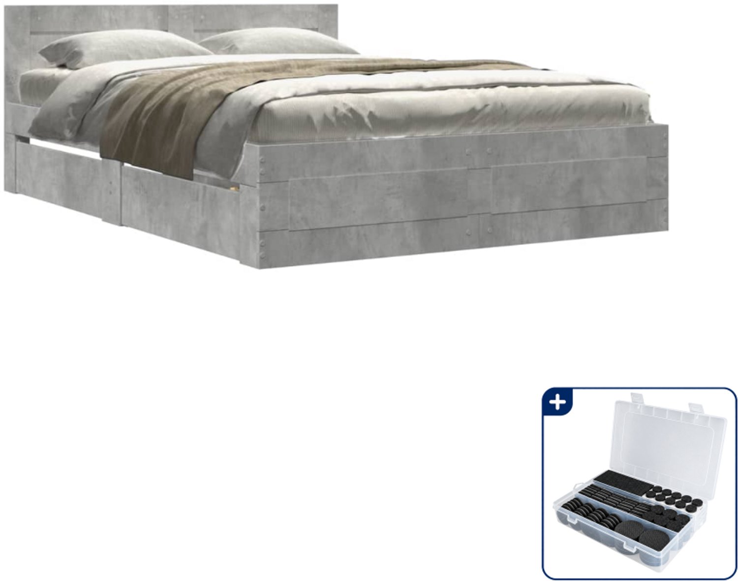 vidaXL bedframe met hoofdeinde - 120 x 190 cm - bewerkt hout - betongrijs - Inclusief antikrasvilt 177-delig Wit