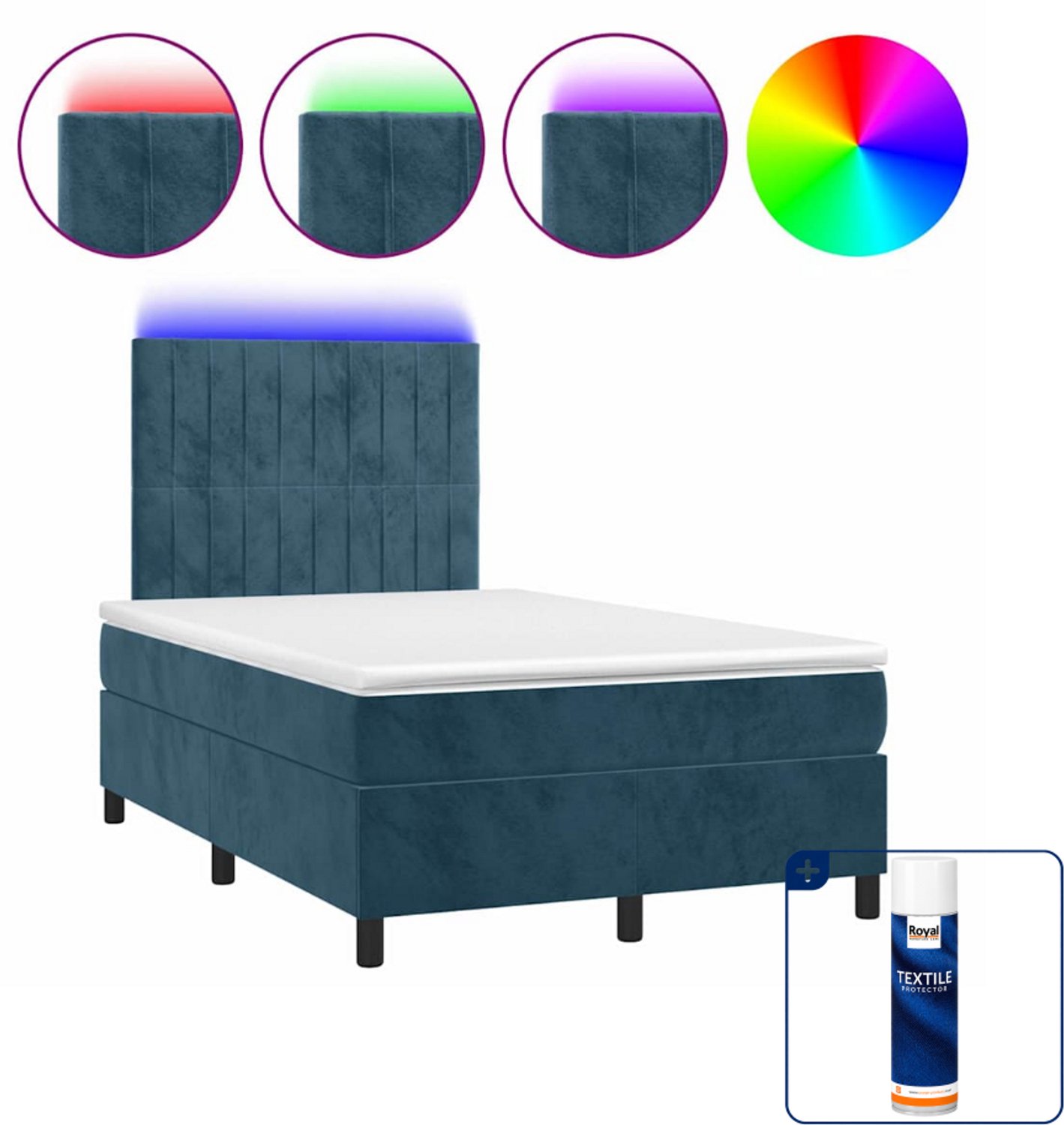 vidaXL boxspring met matras en LED - 120 x 200 cm - fluweel - donkerblauw - Inclusief textielbeschermer 500 ml