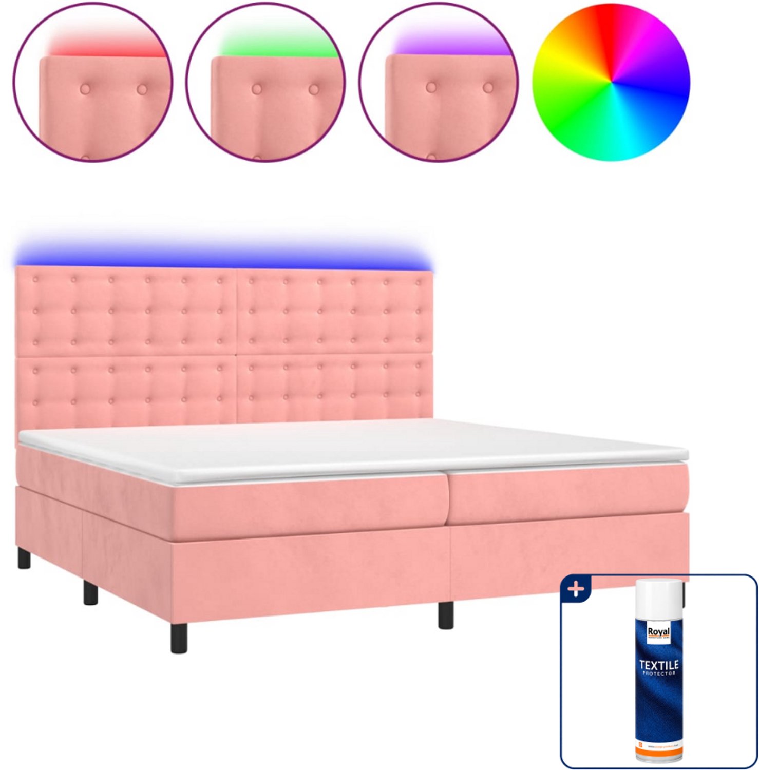 vidaXL Super kingsize boxspring met matras en LED - 200x200 cm - roze - Inclusief textielbeschermer 500 ml