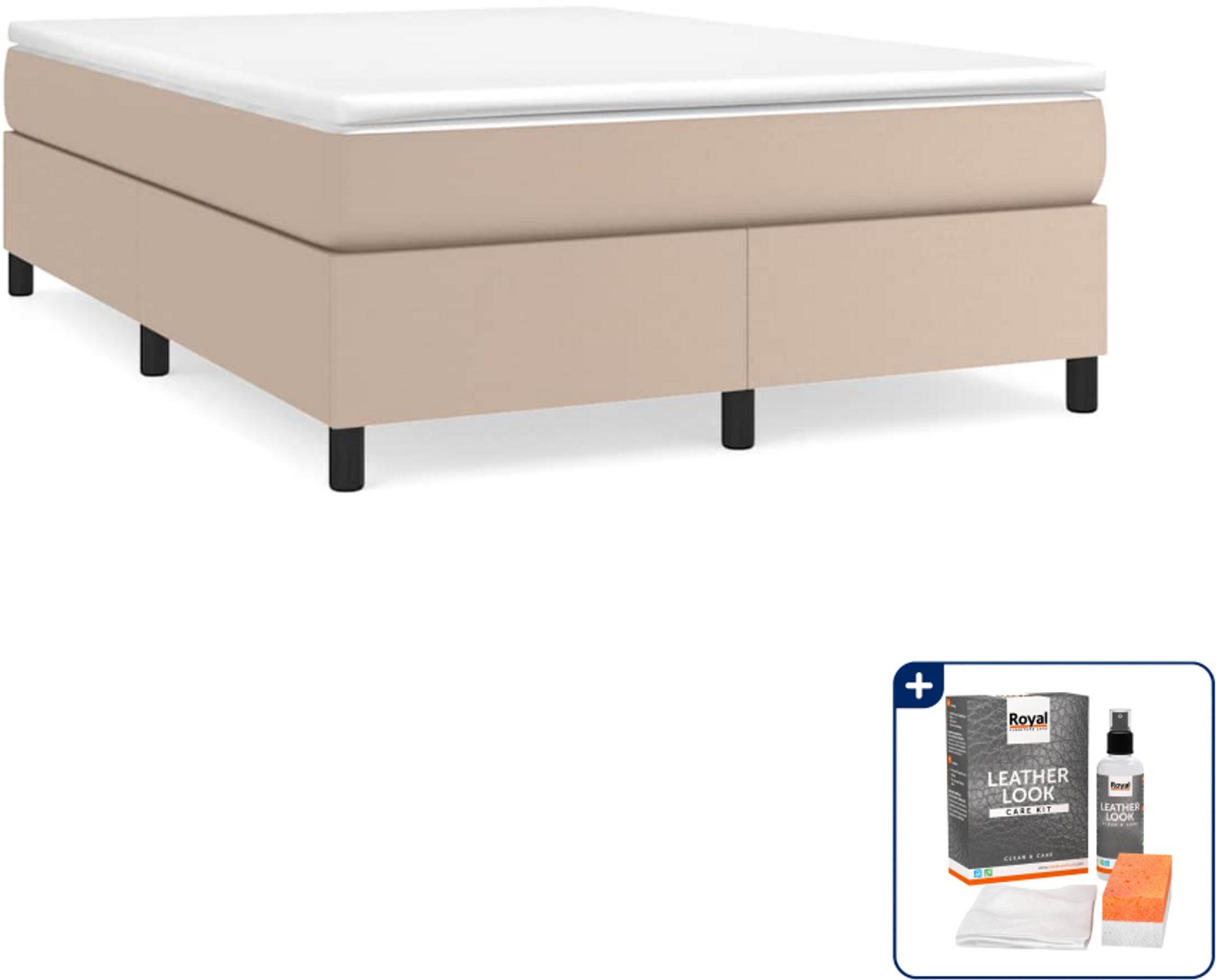 vidaXL boxspring met matras 140 x 190 cm - kunstleer - cappuccino - Inclusief onderhoudsset voor kunstleer 150 ml