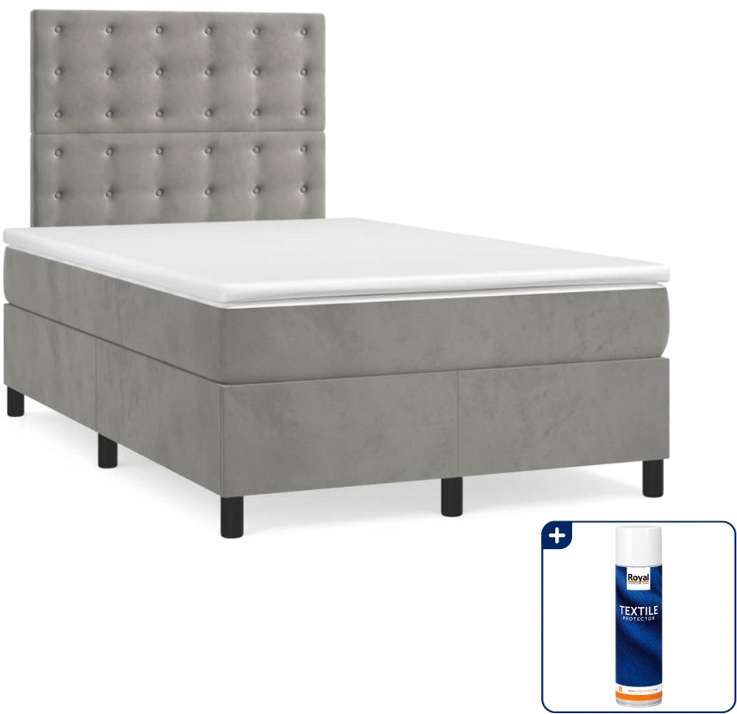 vidaXL boxspring met matras - 120 x 200 cm - fluweel - lichtgrijs - Inclusief textielbeschermer 500 ml