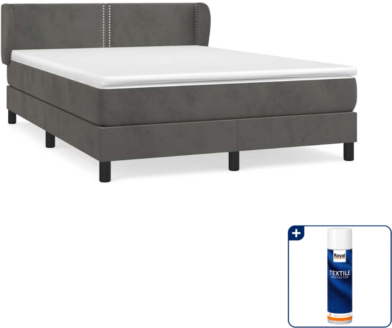 vidaXL boxspring met matras - 140 x 190 cm - fluweel - donkergrijs - Inclusief textielbeschermer 500 ml