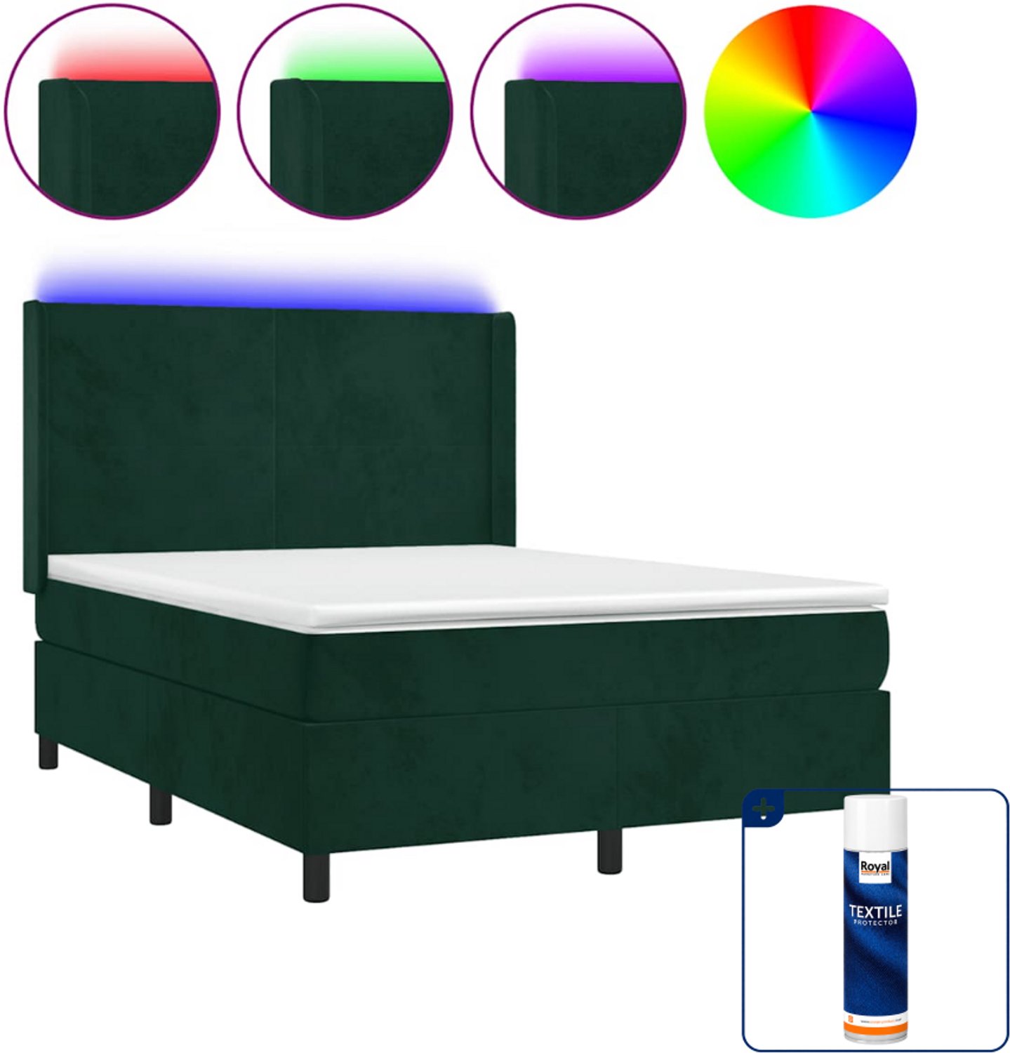 vidaXL boxspring met matras en LED - 140 x 190 cm - fluweel - donkergroen - Inclusief textielbeschermer 500 ml