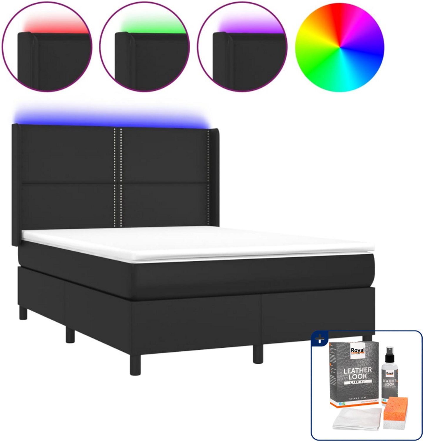 vidaXL Boxspring met matras en LED - 140 x 190 cm - zwart - Inclusief onderhoudsset voor kunstleer 150 ml