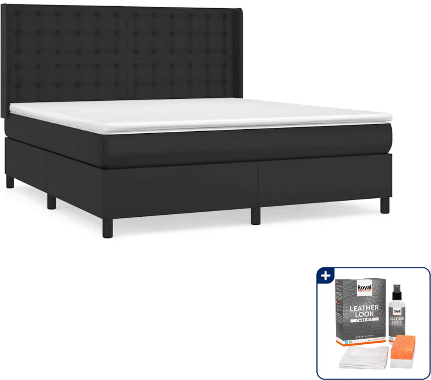 vidaXL Boxspring Kingsize - 180 x 200 cm - kunstleer - zwart - Inclusief onderhoudsset voor kunstleer 150 ml
